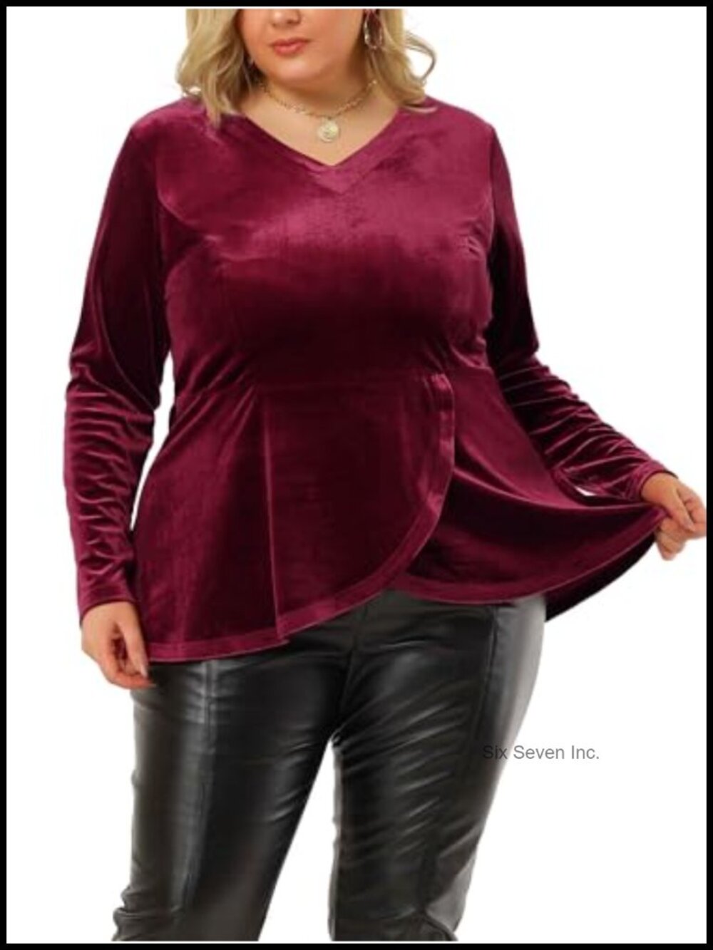 Plus Size Velvet Velour V Neck Tulip Hem Long Sleeve Peplum Blouse